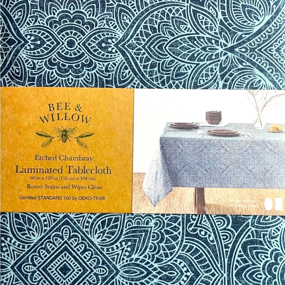 Bee & Willow Home Etched Chambray Laminated Tablecloth Resists Stains Wipes Blue